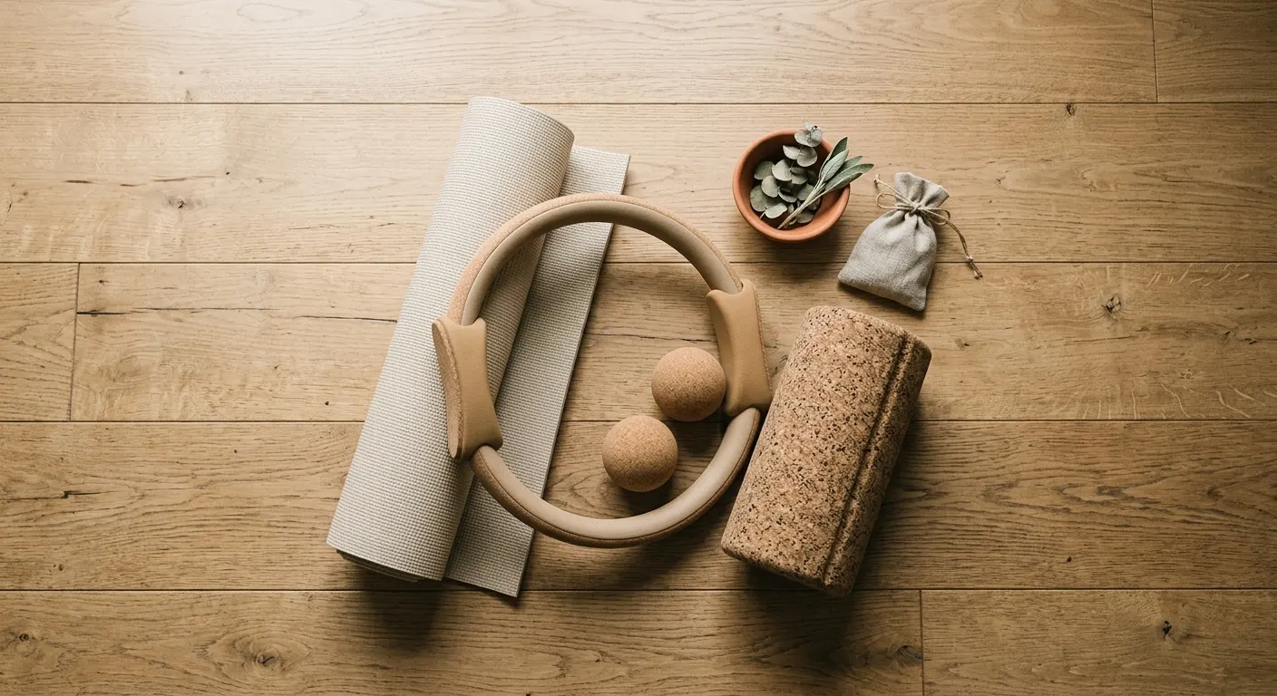 Overhead flat-lay of a fiberglass pilates ring, a short foam roller, and a rolled oatmeal-colored mat on a warm wood floor in morning light