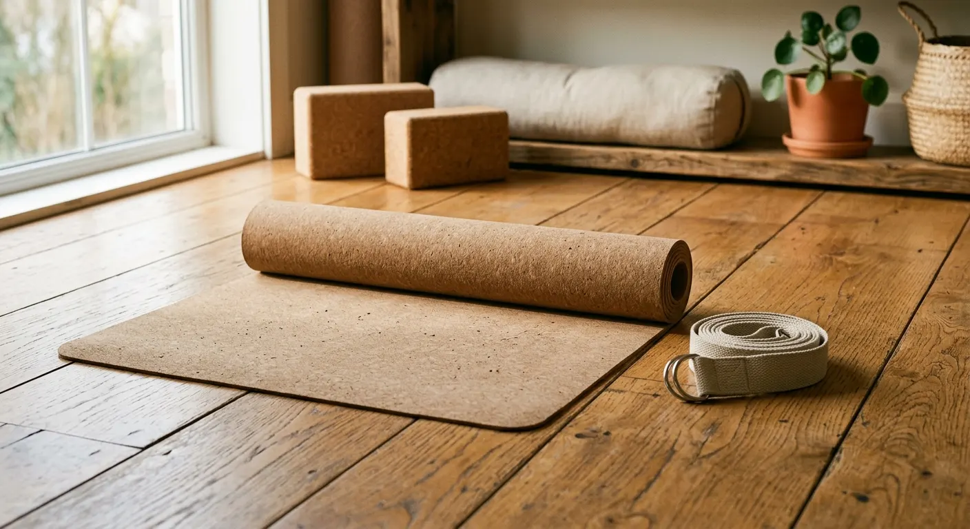 A natural rubber yoga mat unrolled on a warm wood studio floor with a recycled polyester strap coiled beside it, shot in warm amber side light