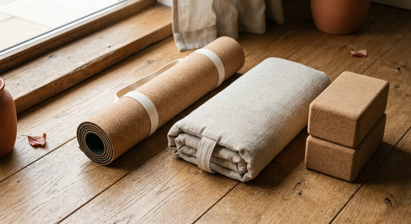 Flat-lay on warm oak wood: a rolled cork yoga mat beside a folded linen bolster and two cork blocks in morning window light