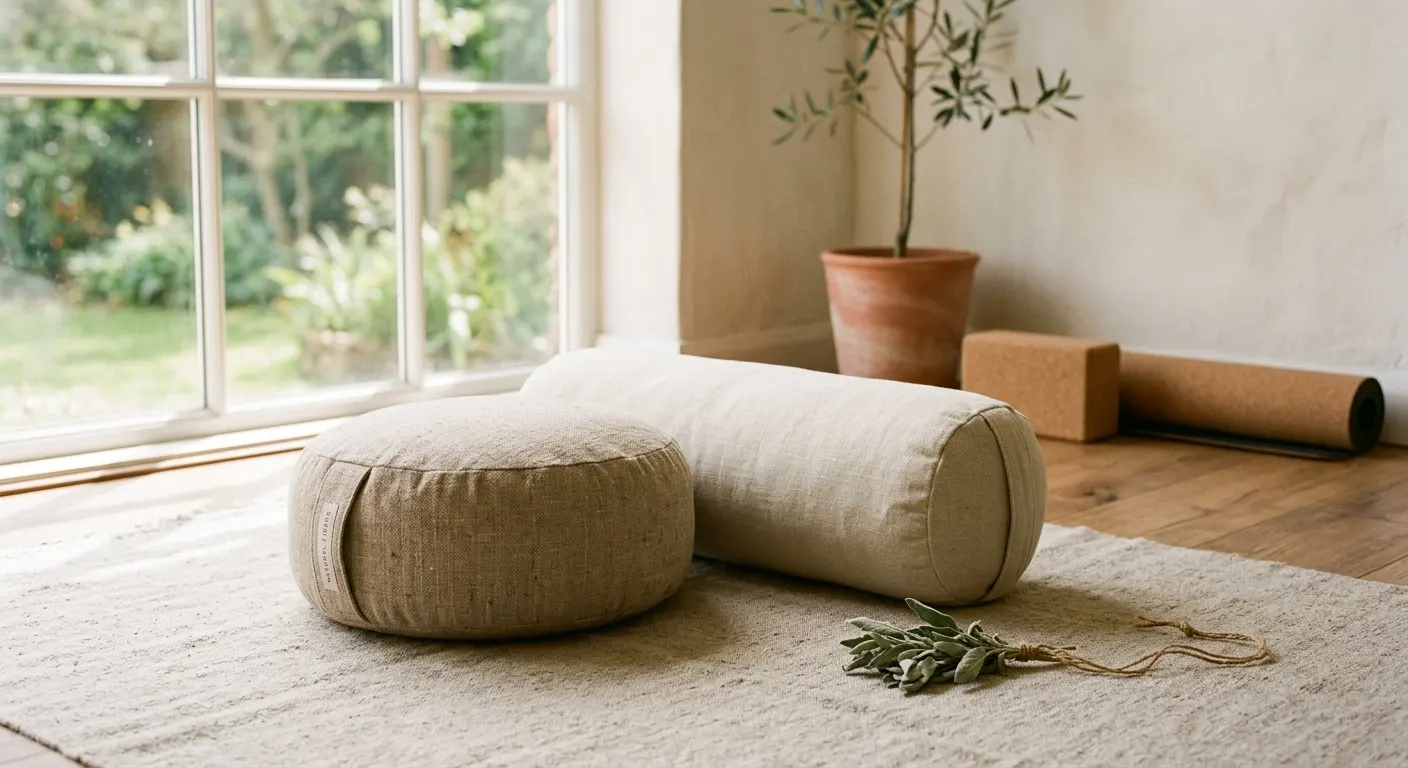 A cylindrical kapok bolster and a round buckwheat zafu cushion resting on a linen studio floor with soft afternoon window light and a small sage sprig beside them