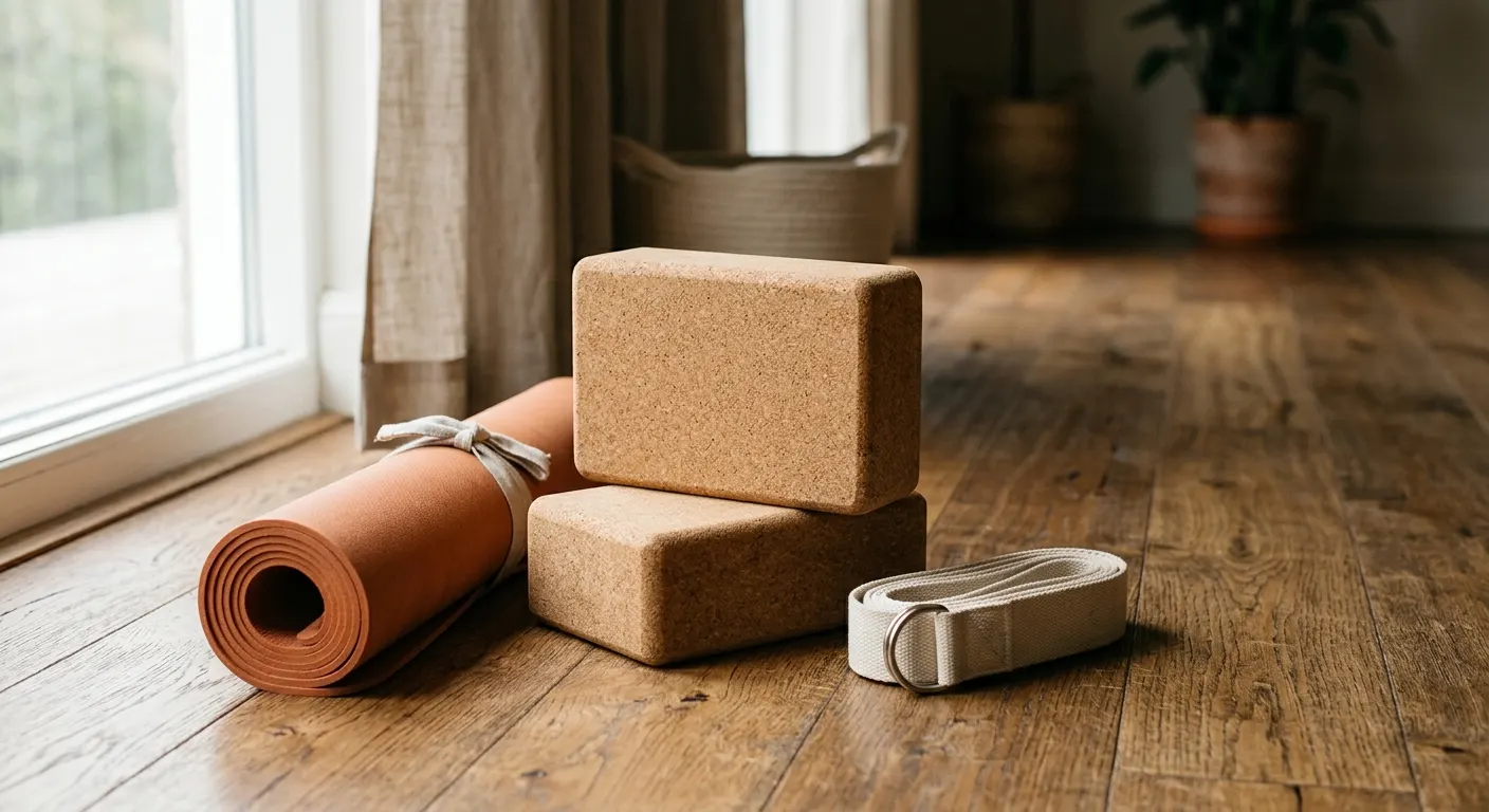 Two cork yoga blocks and a folded cotton strap arranged on a warm wood floor beside a rolled mat in soft natural light
