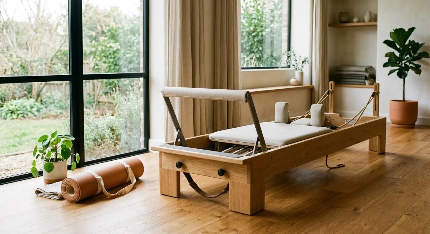 A calm sunlit pilates studio with a reformer and a rolled mat on a wood floor